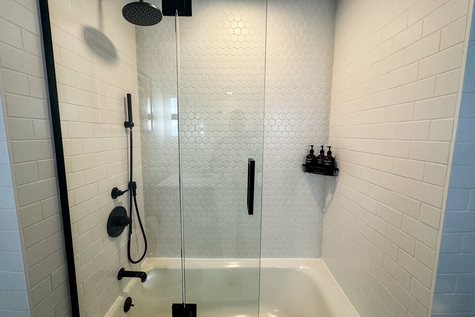 white tile shower