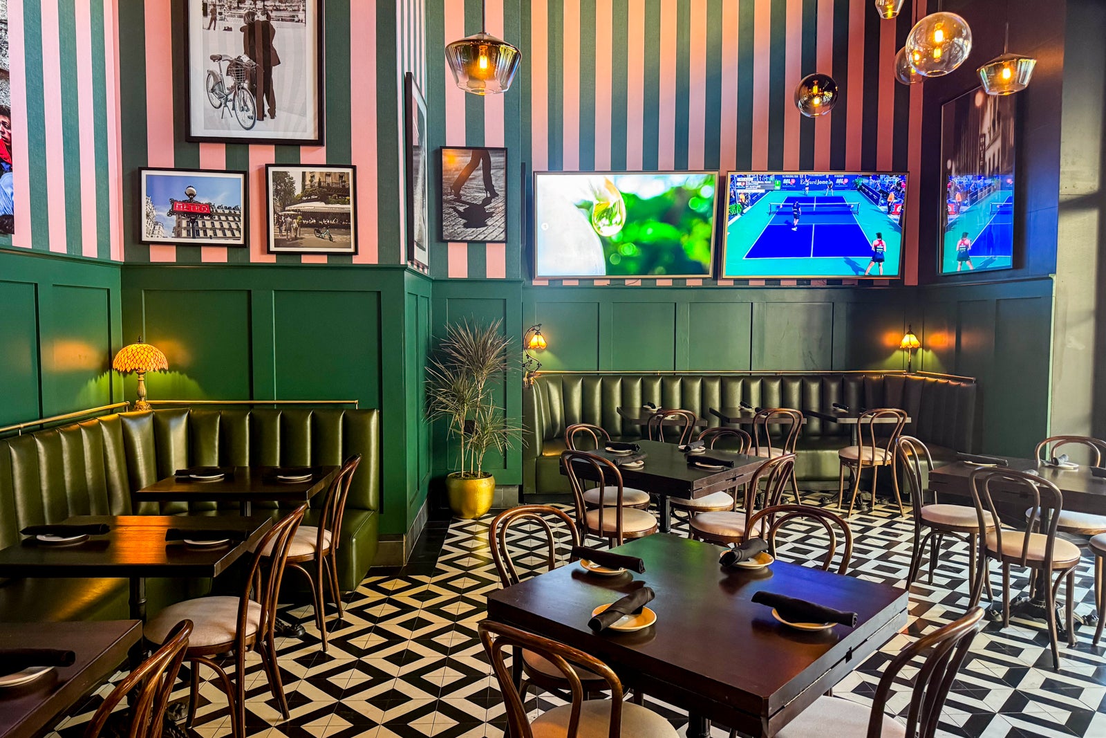 brown tables with colorful background