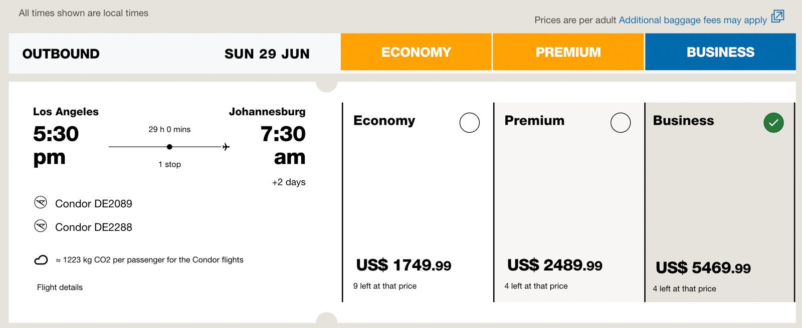 20250707 Condor Airlines Business ERosen LAX FRA JNB fare
