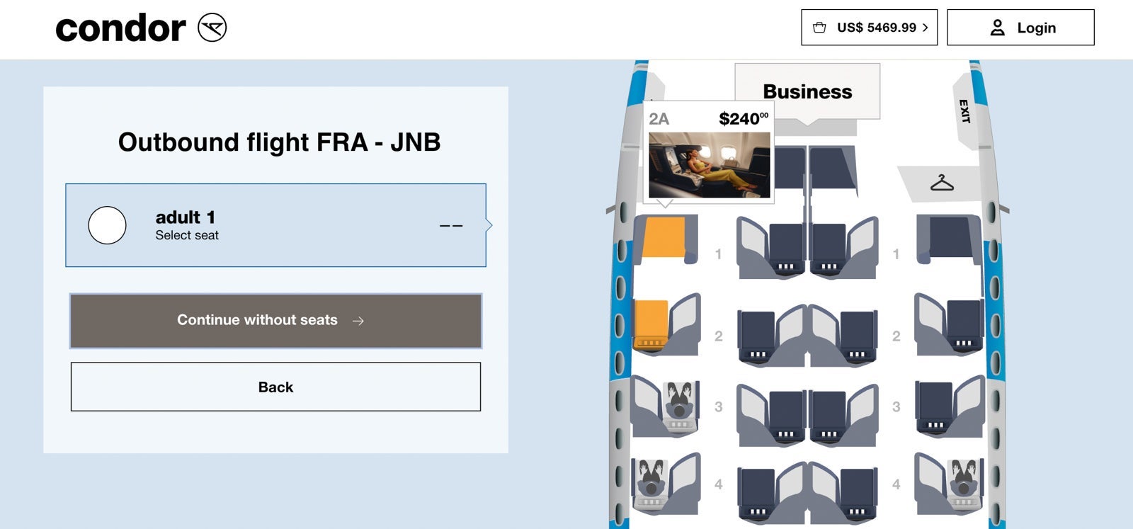 20250707 Condor Airlines Business ERosen Upgrade fare on paid FRA JNB