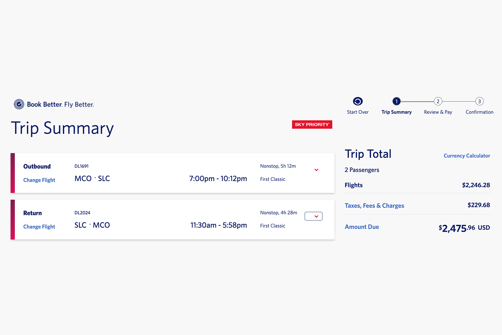 A screen shot of a round-trip first-class flight on Delta from Orlando to Salt Lake City