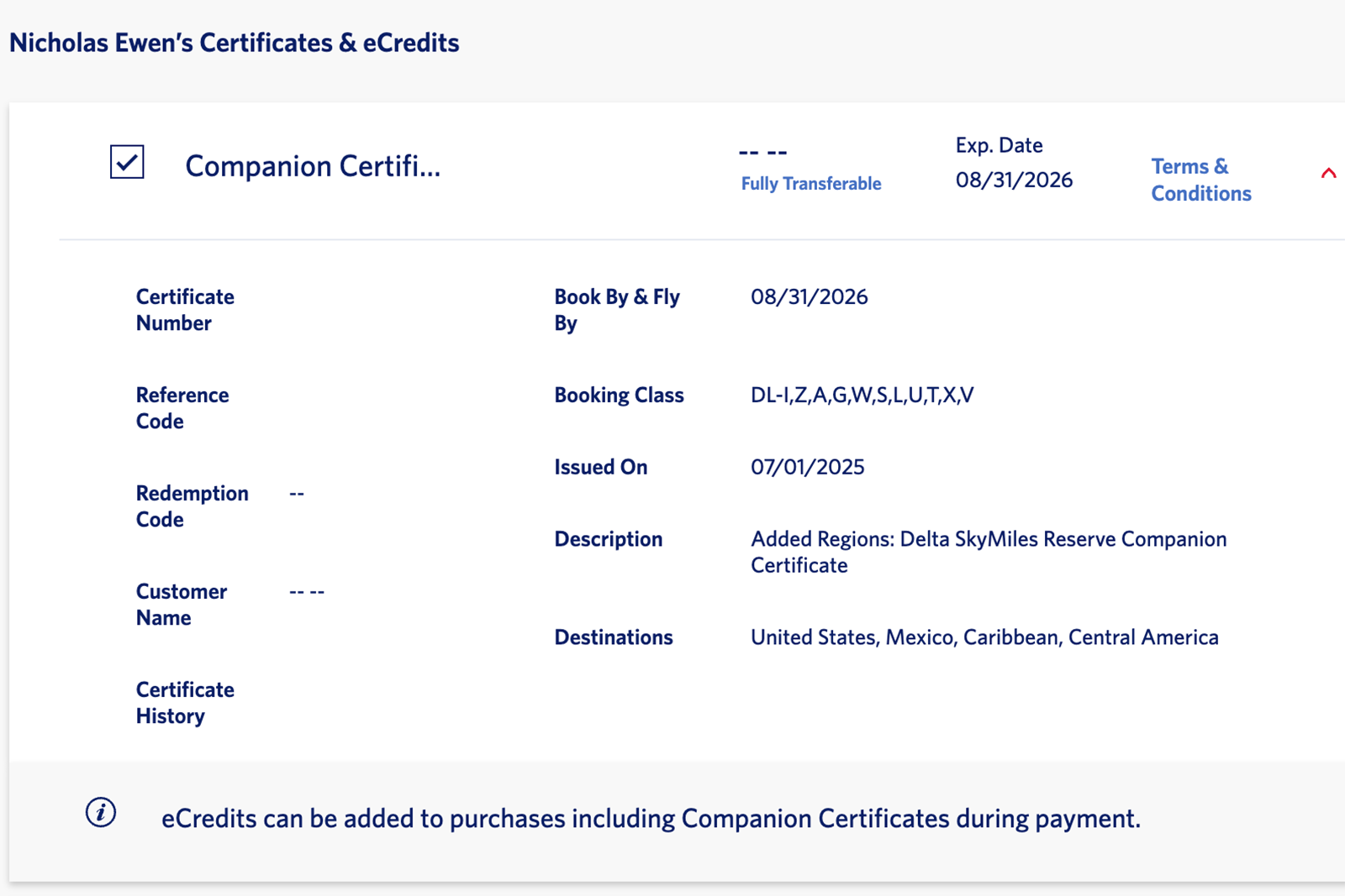 A screen shot of a Delta Reserve Amex Card companion certificate