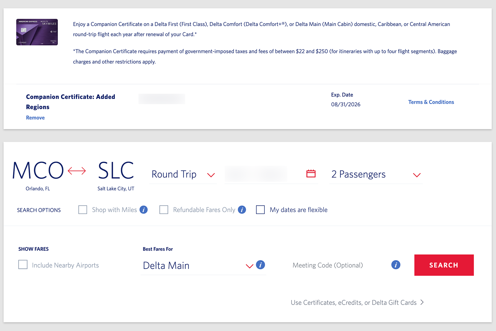 The search box on Delta.com using a companion certificate