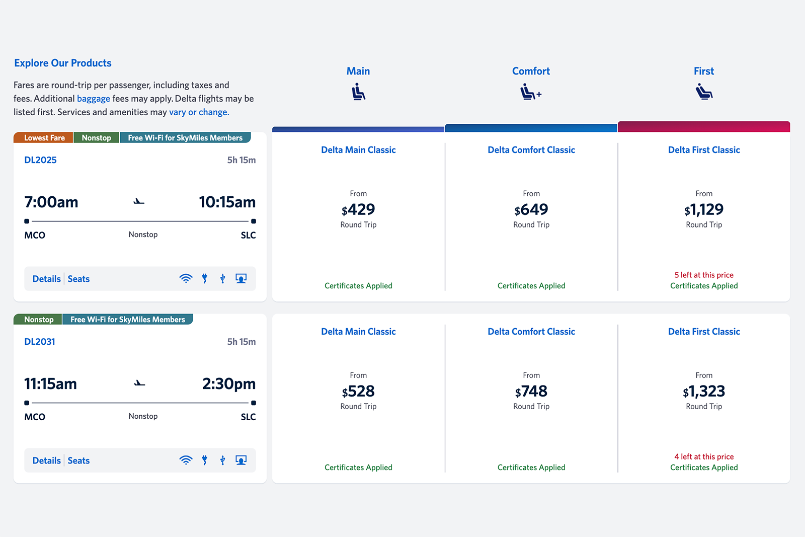 Search results for paid tickets on Delta.com for a flight from Orlando to Salt Lake City