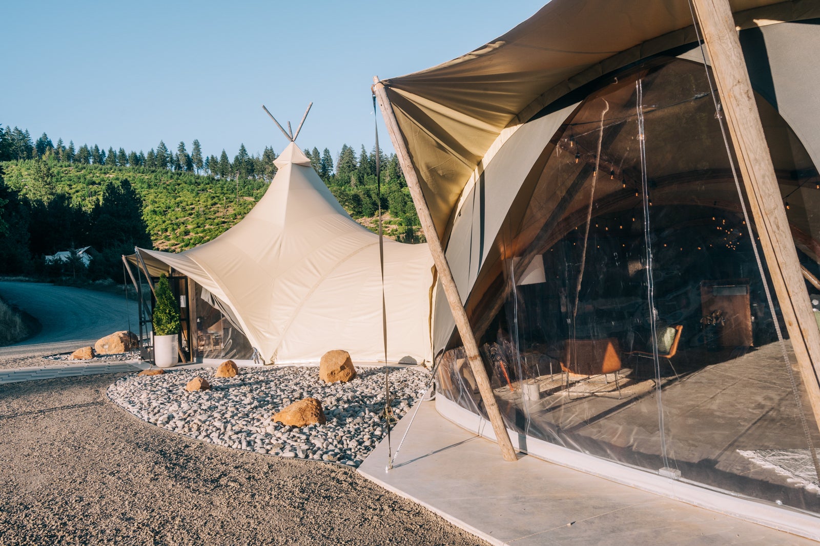 Under Canvas Columbia Gorge Main tent with check in, dining, and lounge