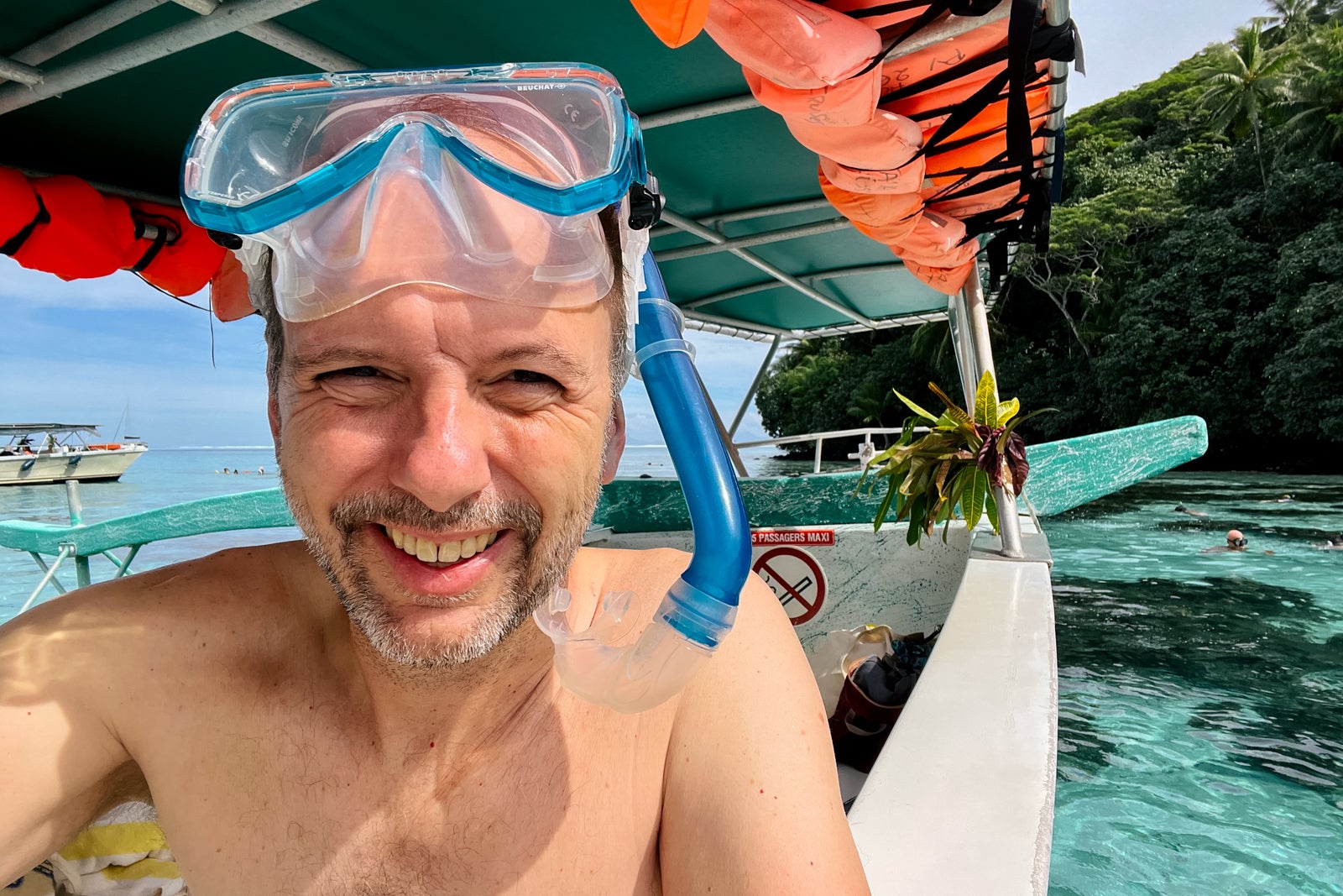 TPG's Gene Sloan getting ready to snorkel in Huahine's lagoon.