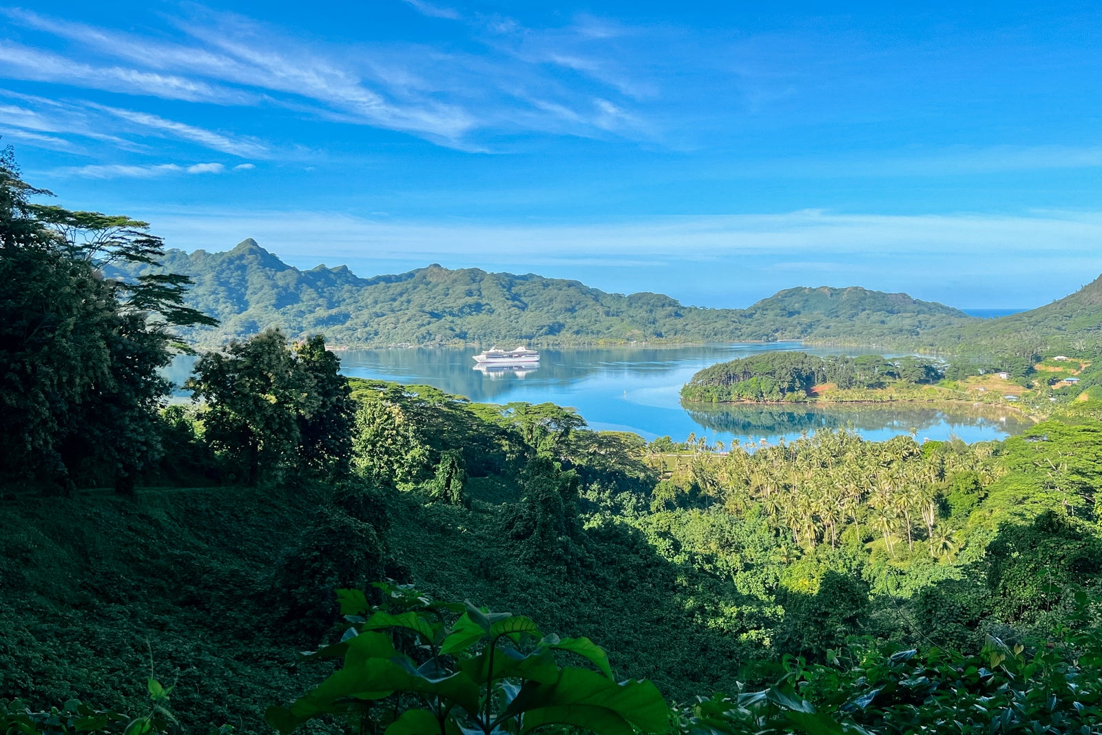 The Gauguin anchored in Huahine's Maroe Bay.