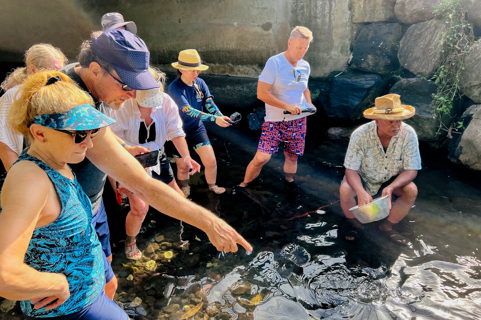 A guide points out Huahine's famed blue-eyed eels to Paul Gauguin Cruises passengers on a tour