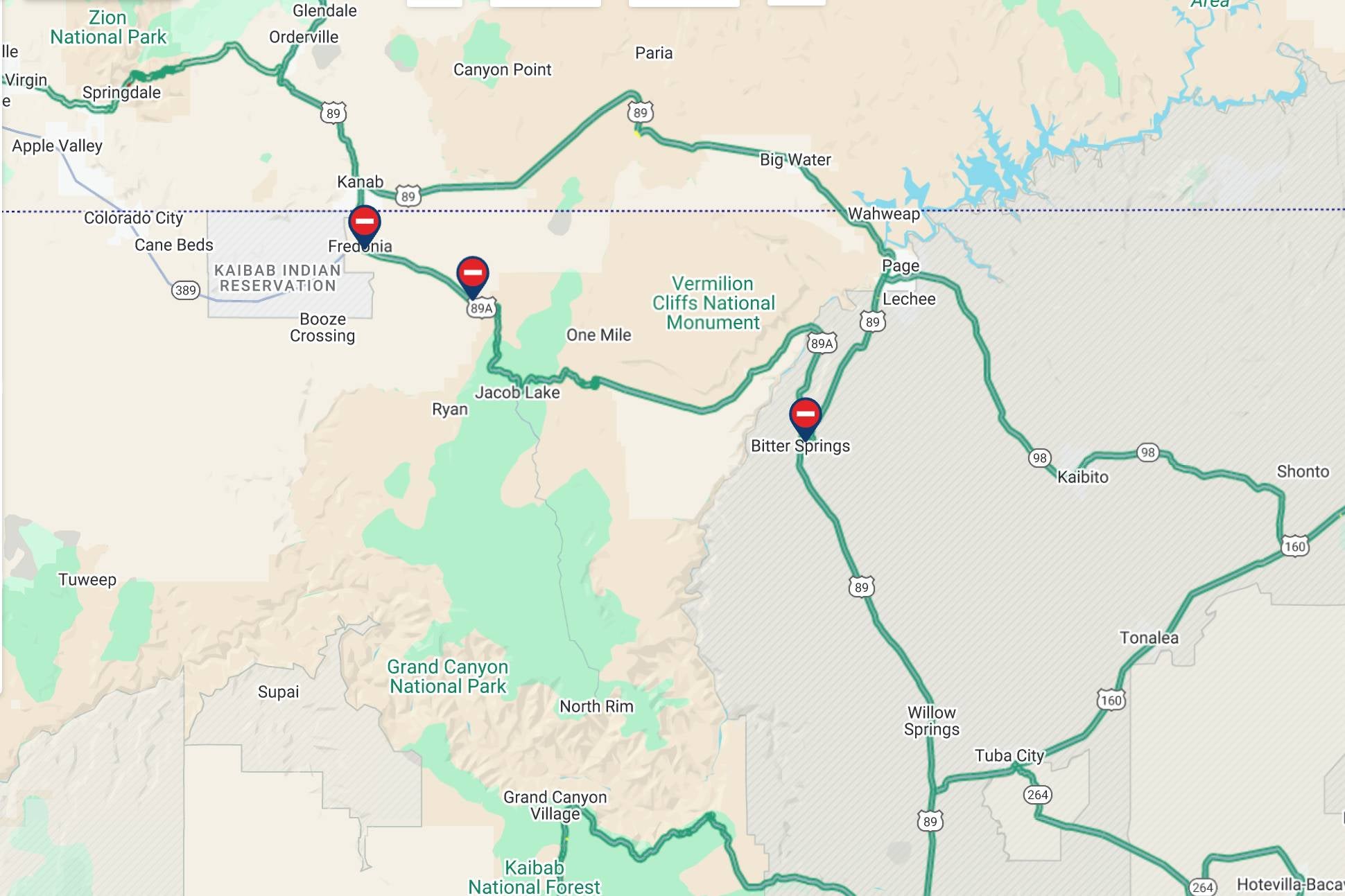 Map of road closures in Northern Arizona due to wildfires.
