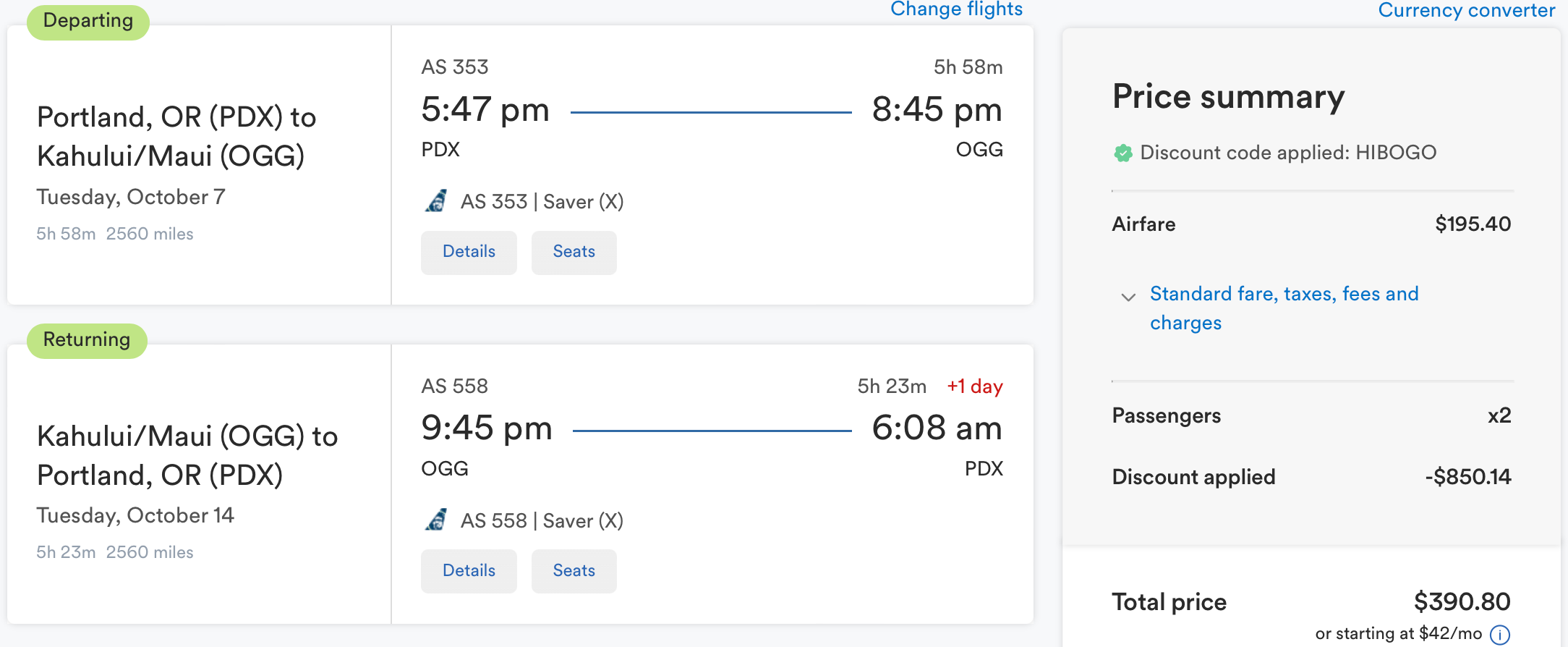 BOGO pricing for Portland to Maui