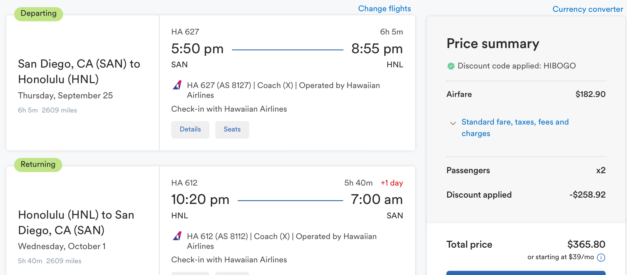 BOGO pricing for San Diego to Honolulu.