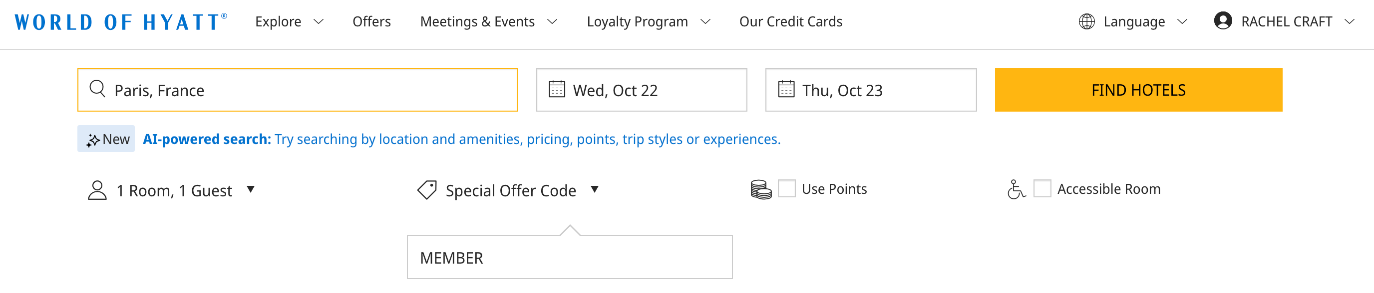 Hyatt Paris search offer code MEMBER