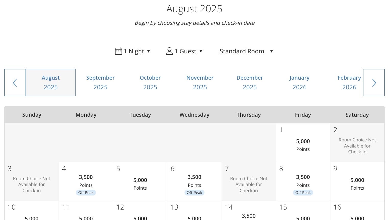 Hyatt points calendar screenshot