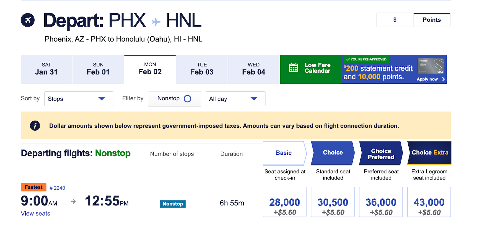 Award booking from Phoenix to Honolulu.