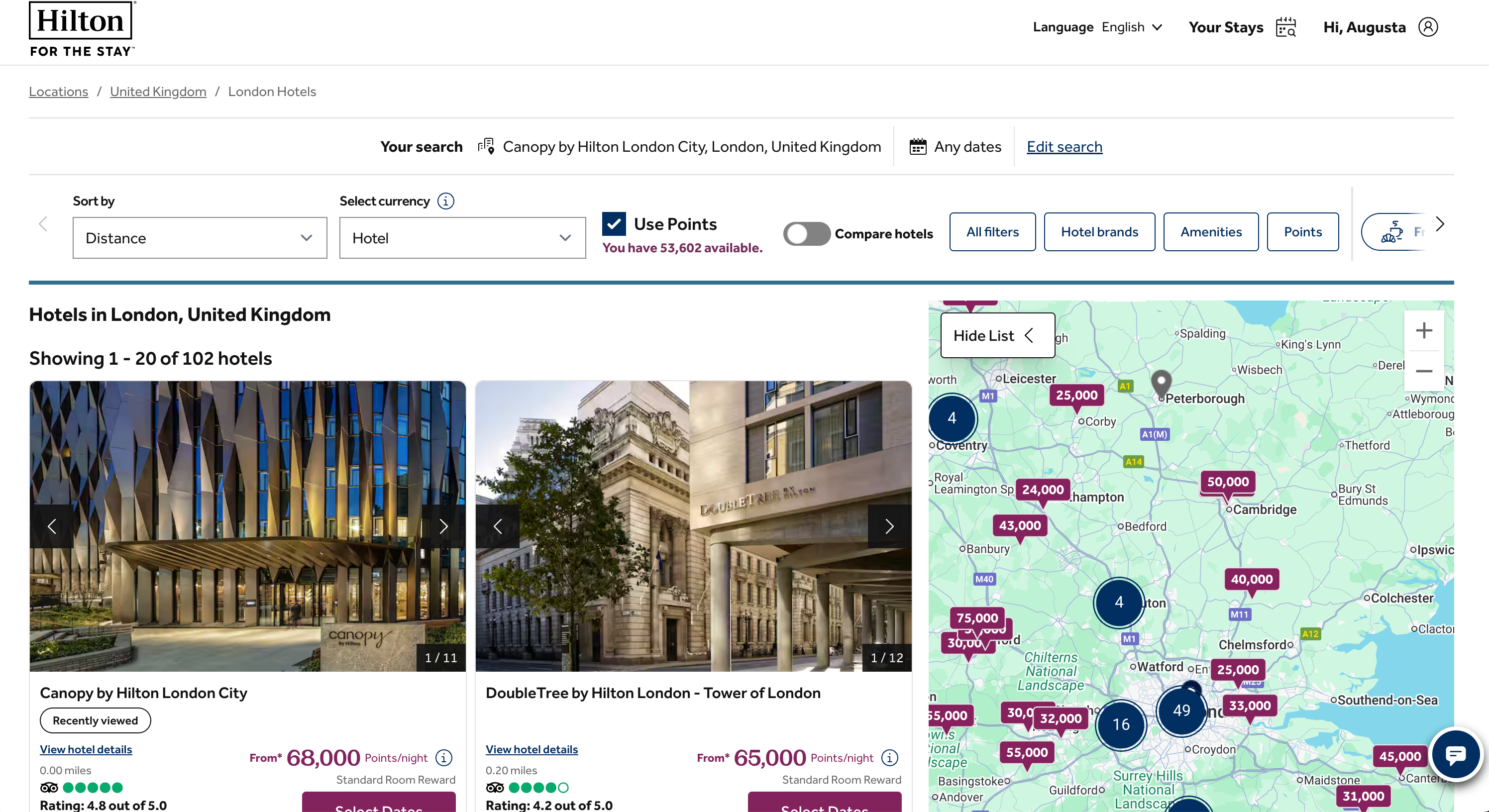 Screenshot of Hilton hotels in <span class=