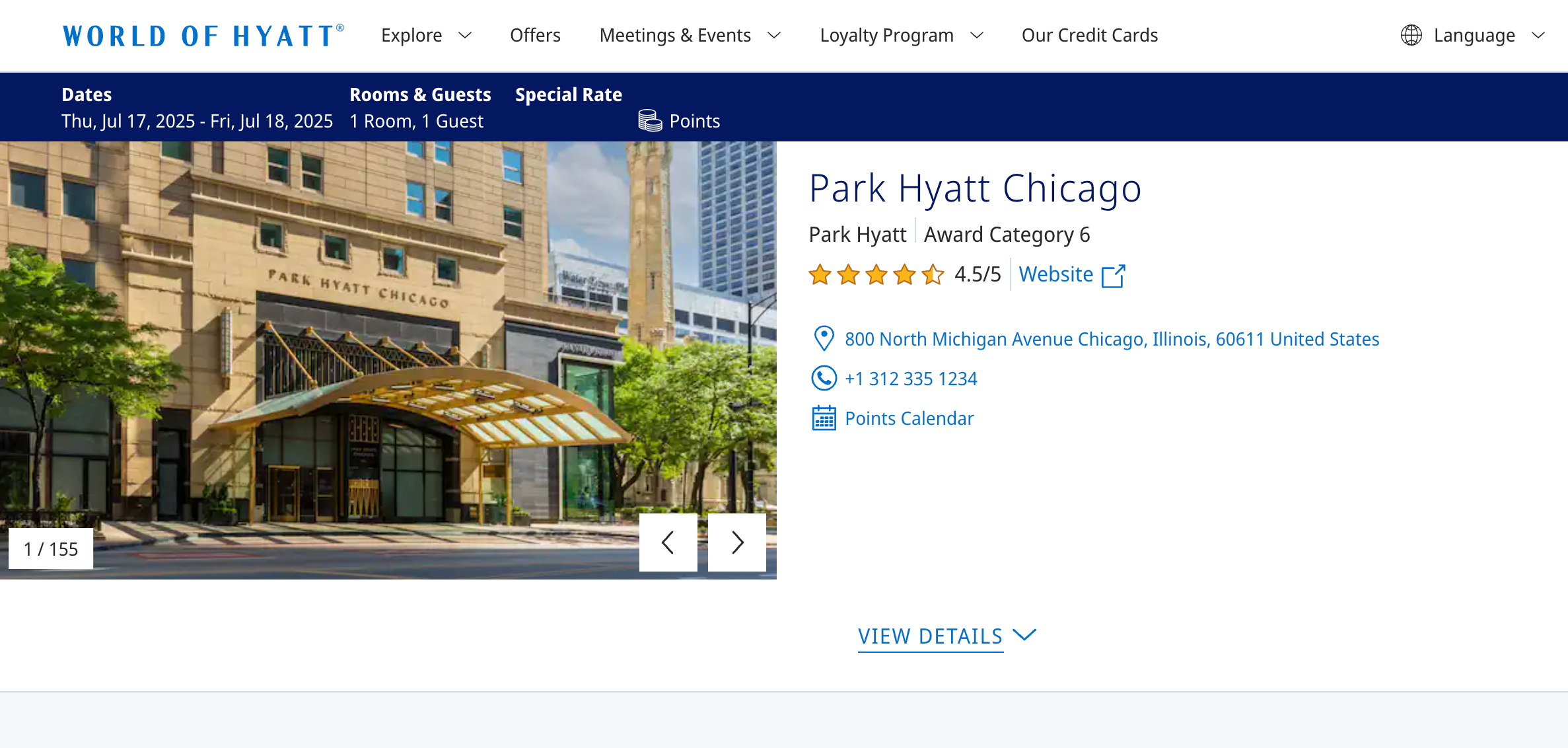 Award booking page for Park Hyatt Chicago. WORLD OF HYATT