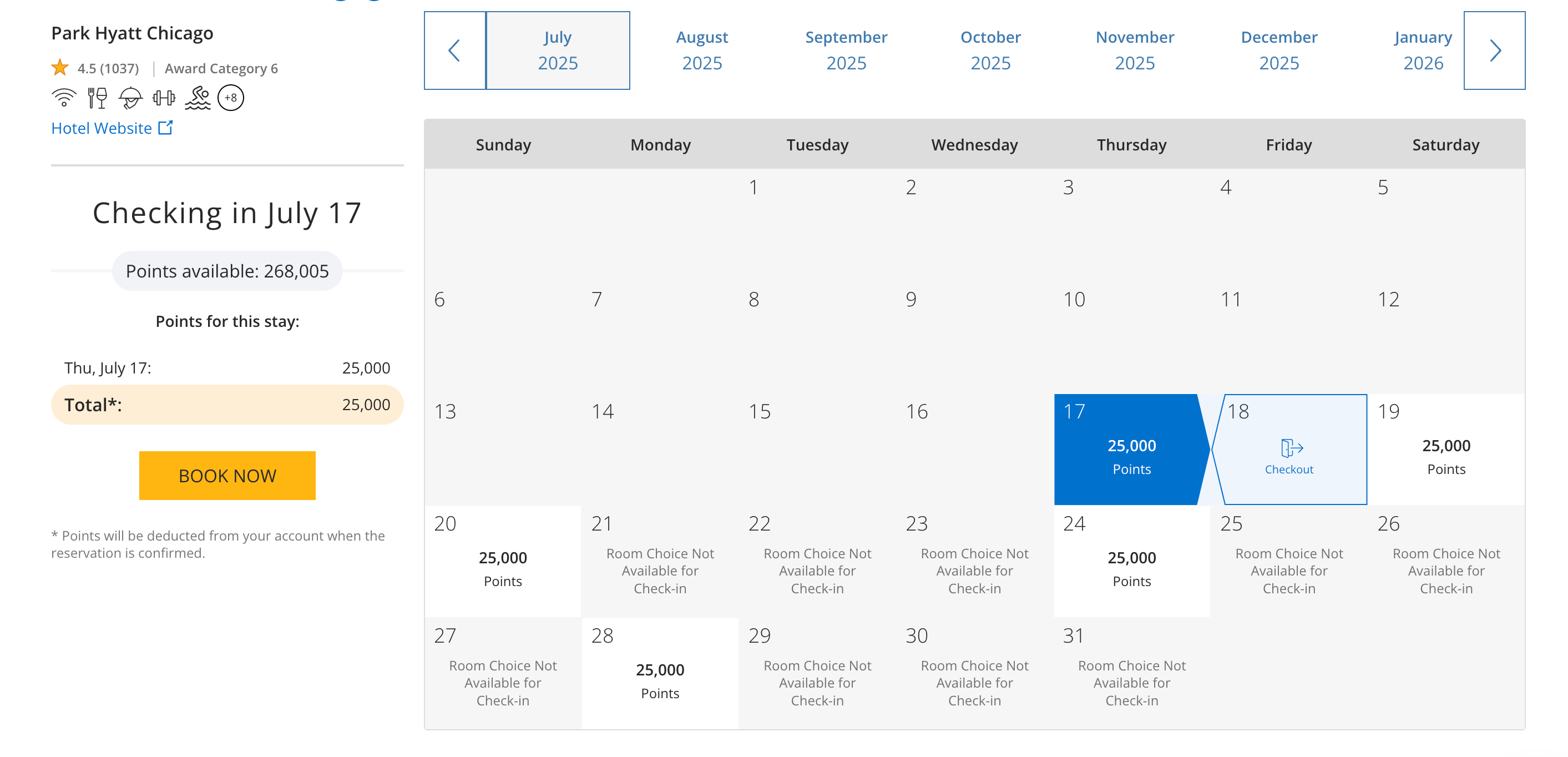 Award booking calendar page for Park Hyatt Chicago. WORLD OF HYATT