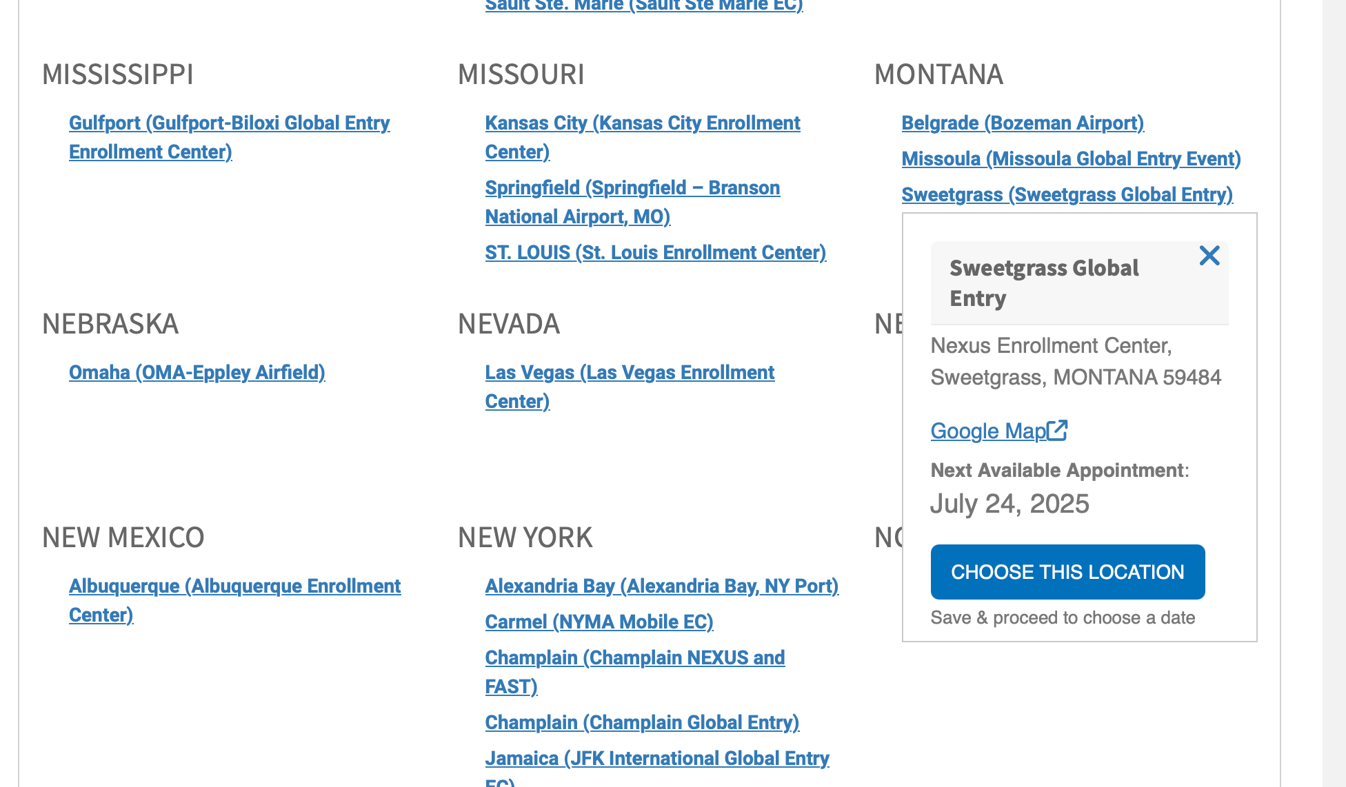 Global Entry appointment availability at specific locations.