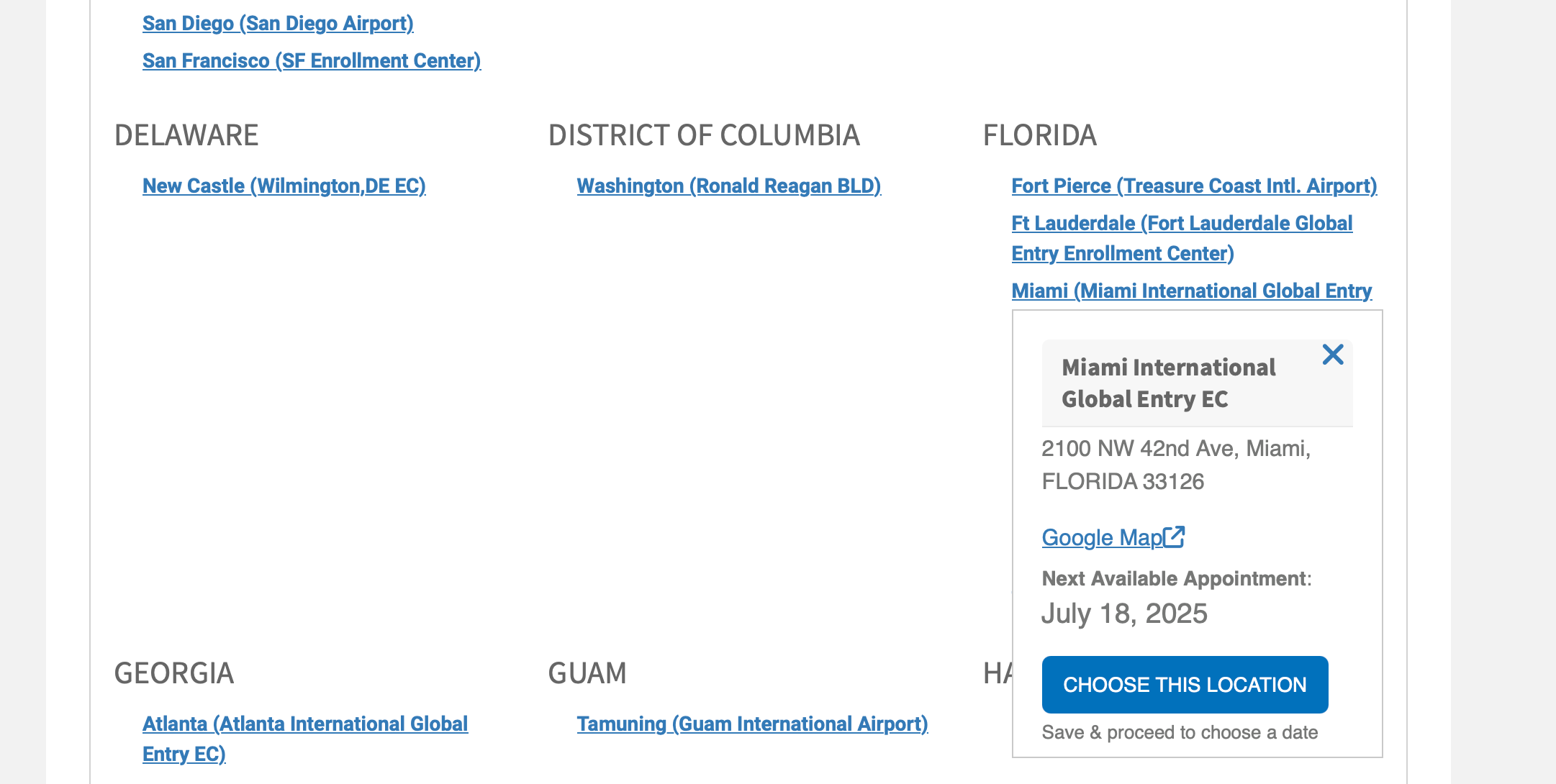 Global Entry appointment availability at specific locations.