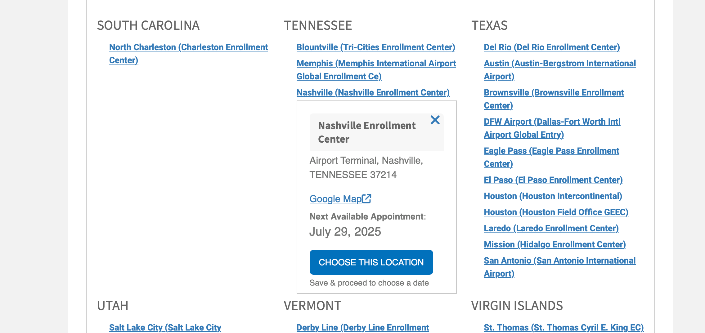 Global Entry appointment availability at specific locations.