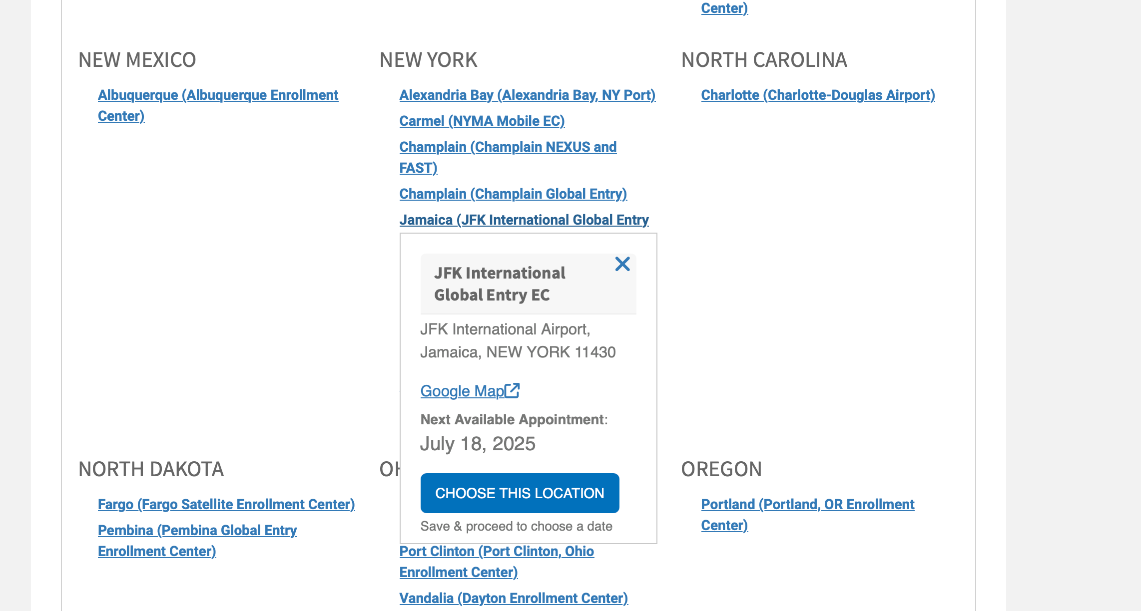 Global Entry appointment availability on DHS website for specific states.