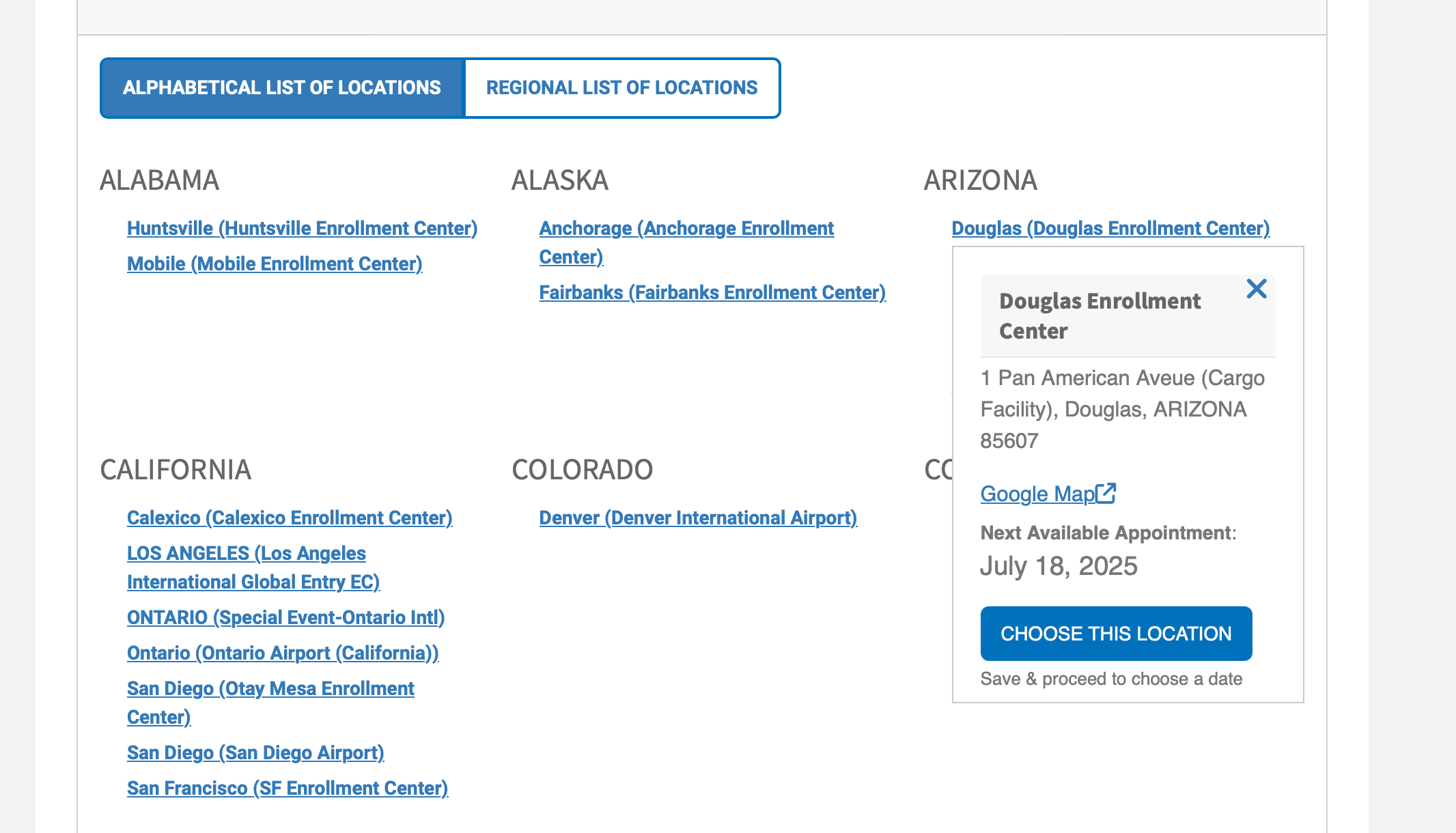 Global Entry appointment availability on DHS website for specific states.