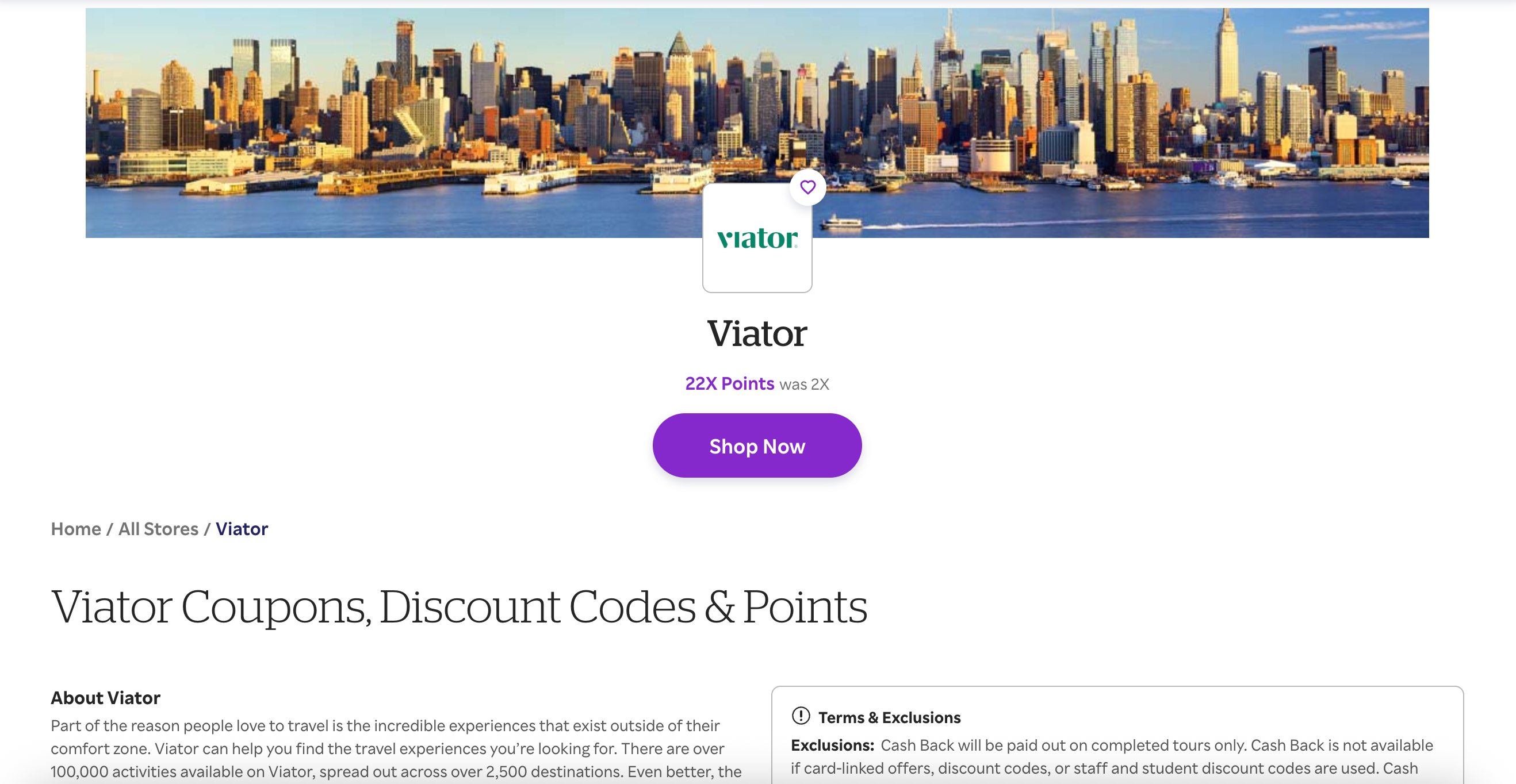 screenshot of Viator cash back offer on Rakuten