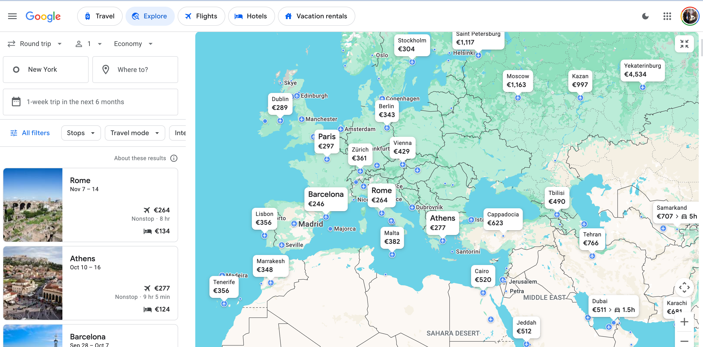 Google flights show a map of Europe with cheap designations from New York.