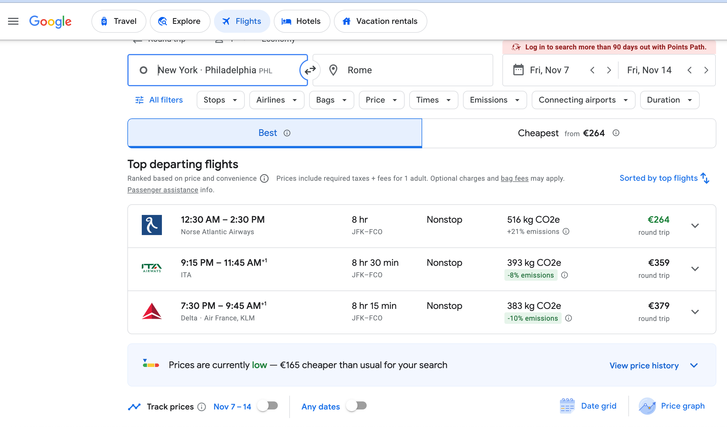 Many airports of selected origin in Google flights. 
