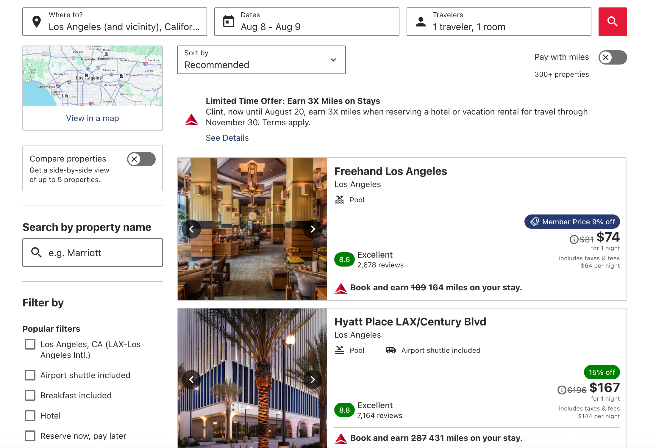 Delta lasts Los Angeles search results.