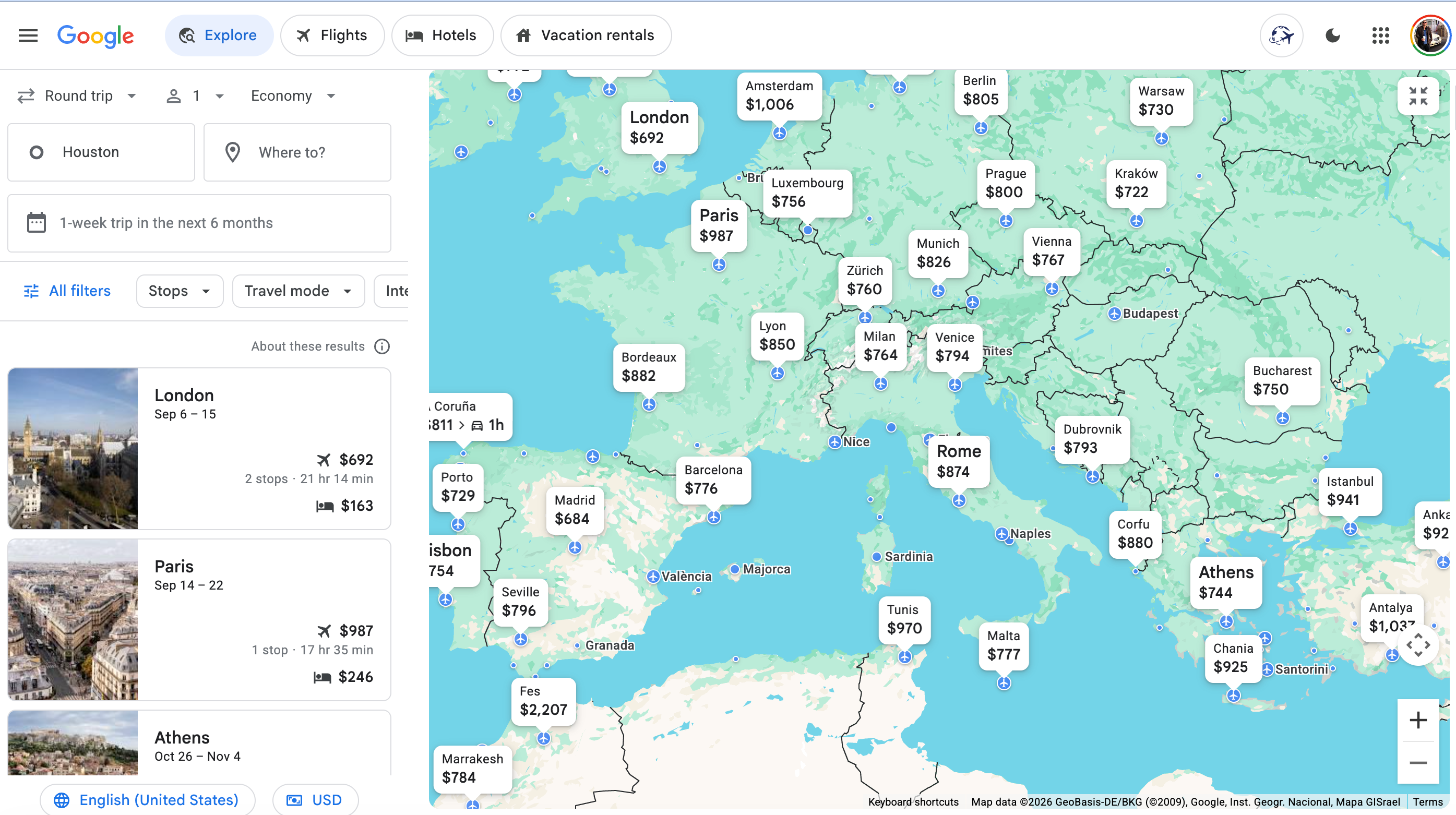 Google Flights Explore search for Europe. GOOGLE