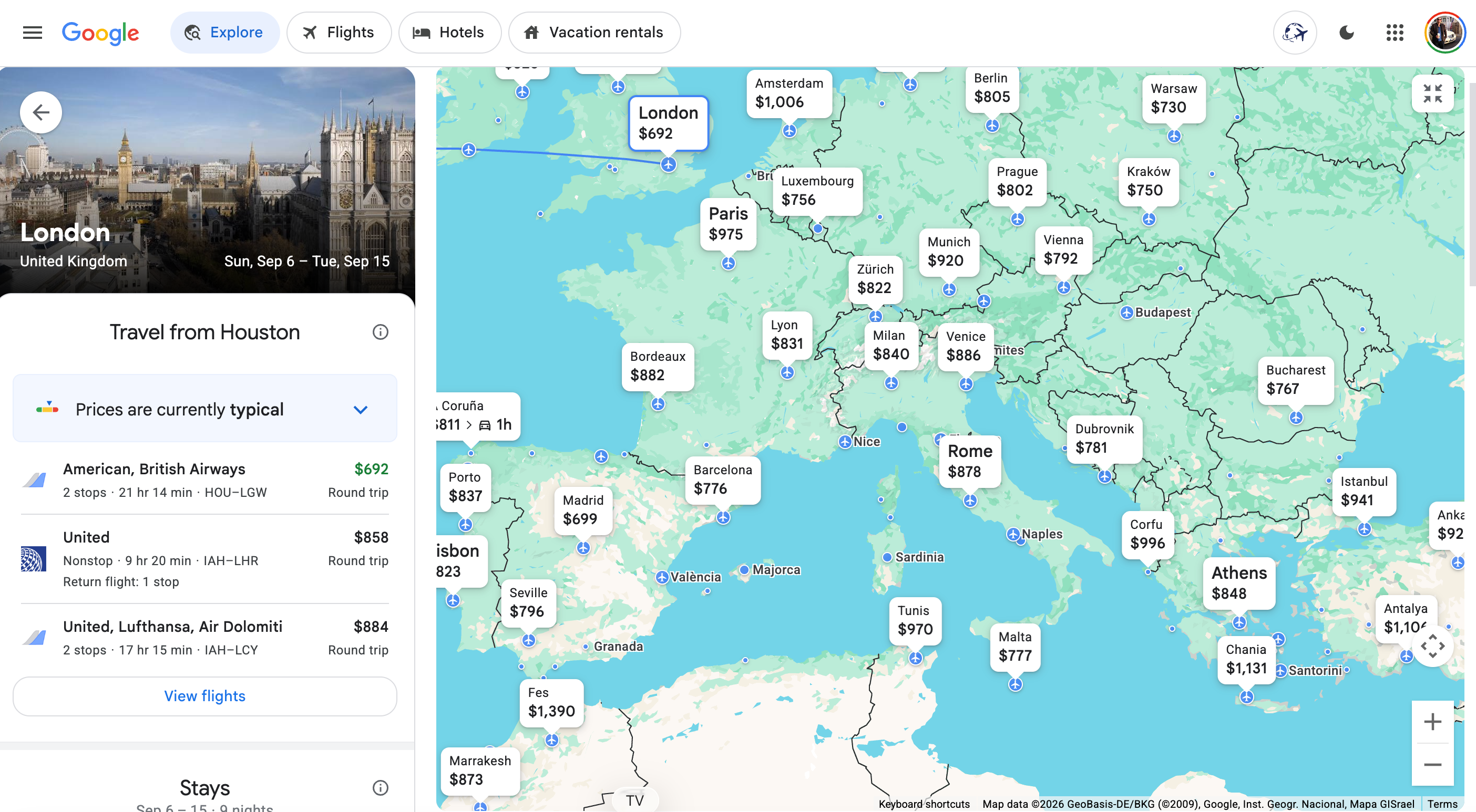 Google Flights Explore search for Europe. GOOGLE