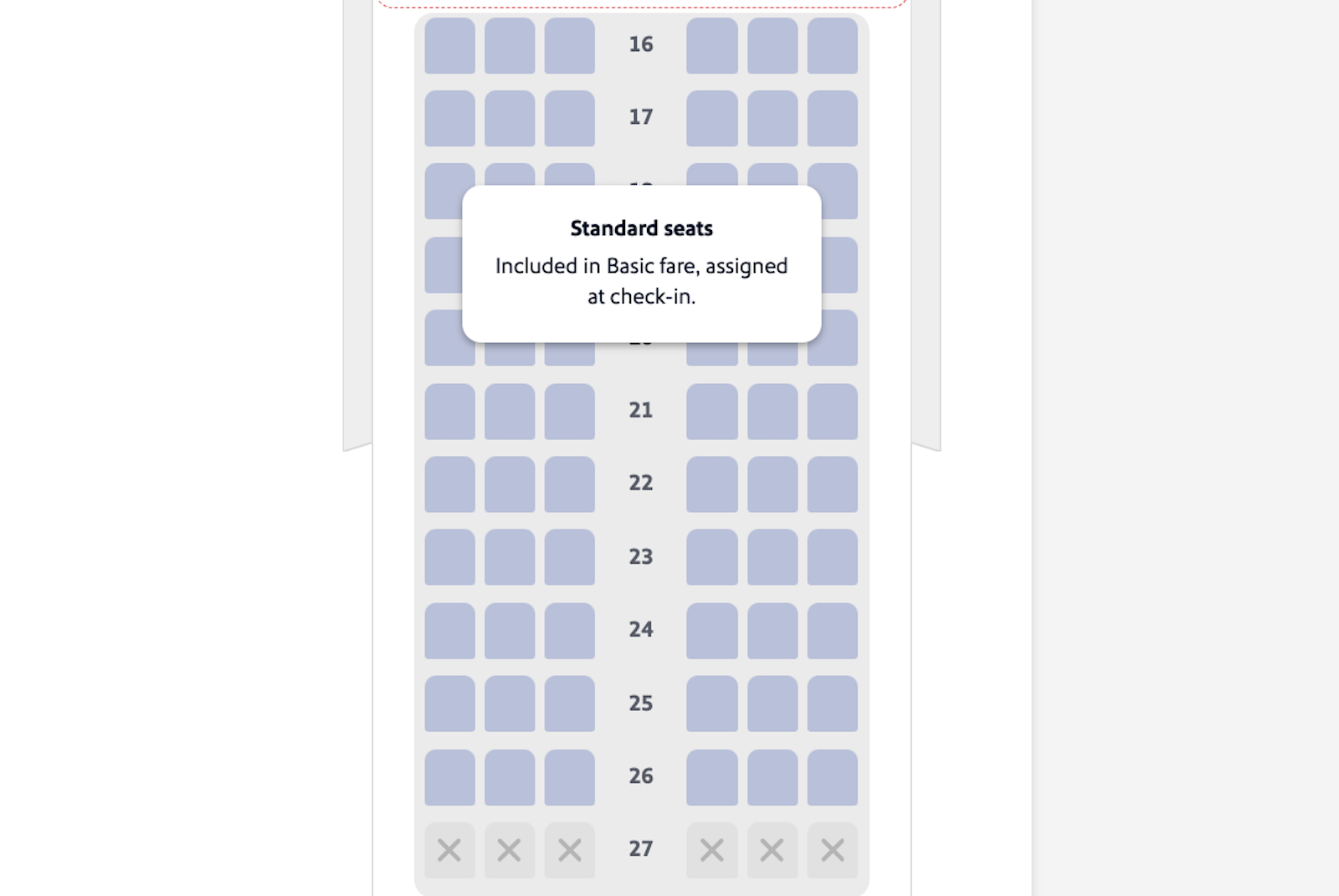 Seat map for a Basic booking on Southwest.