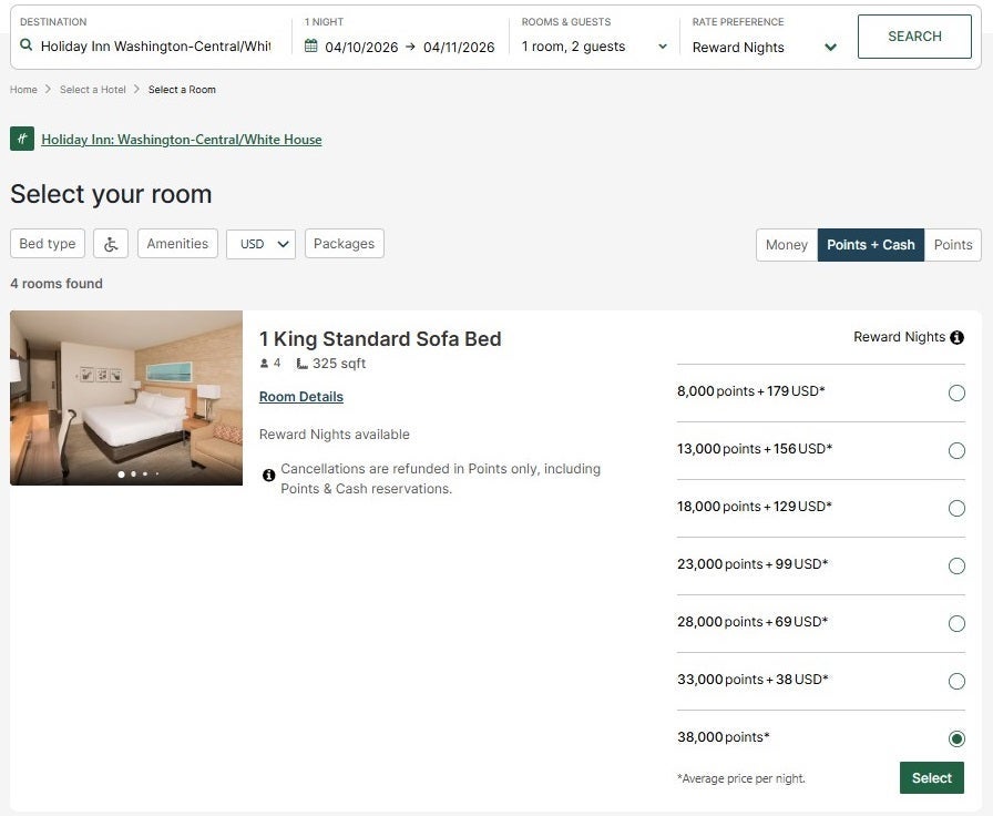 IHG points and cash rates for a hotel in Washington, DC