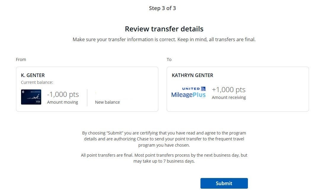 Transferring Chase points to United