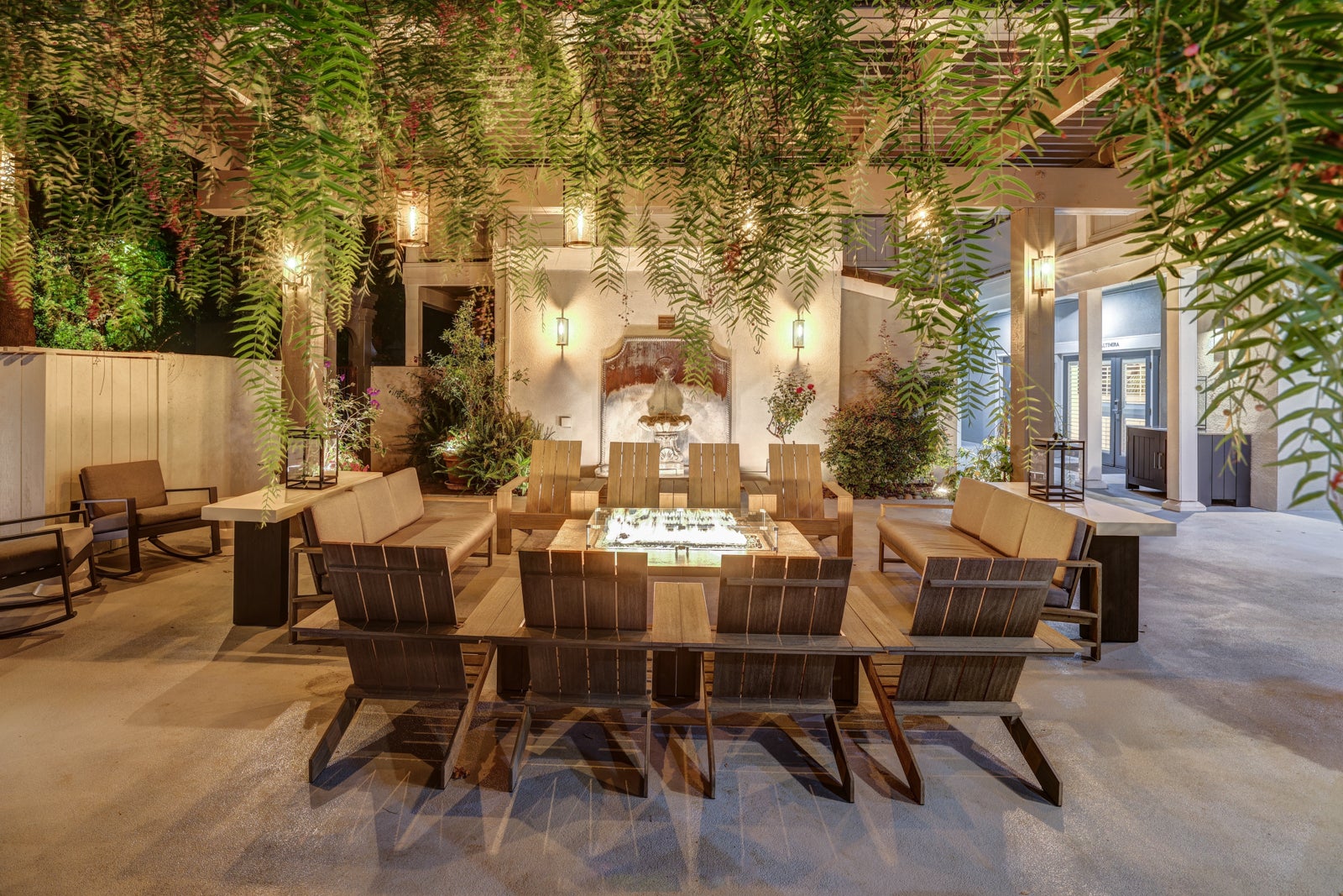 Hotel exterior with fire pit