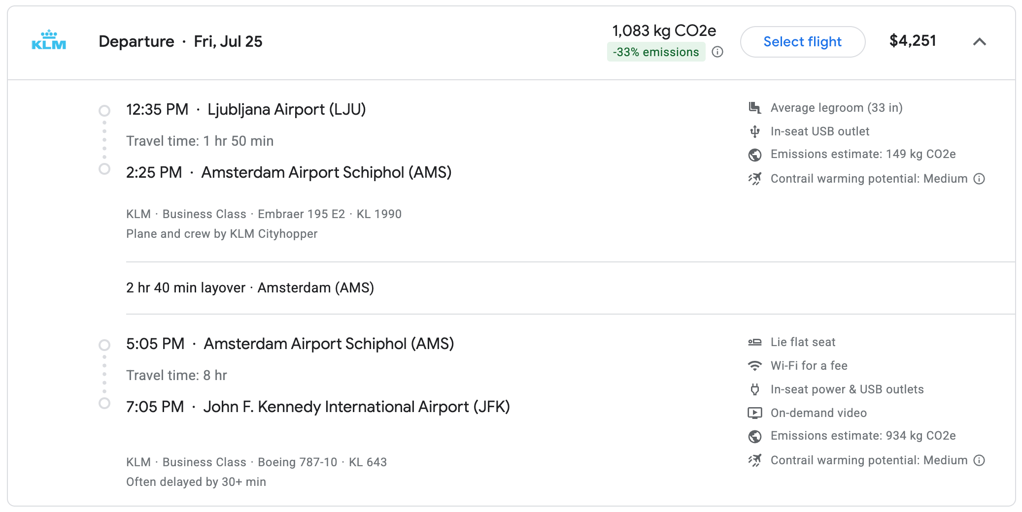 Cash price for one-way business-class on KLM from Slovenia to New York.