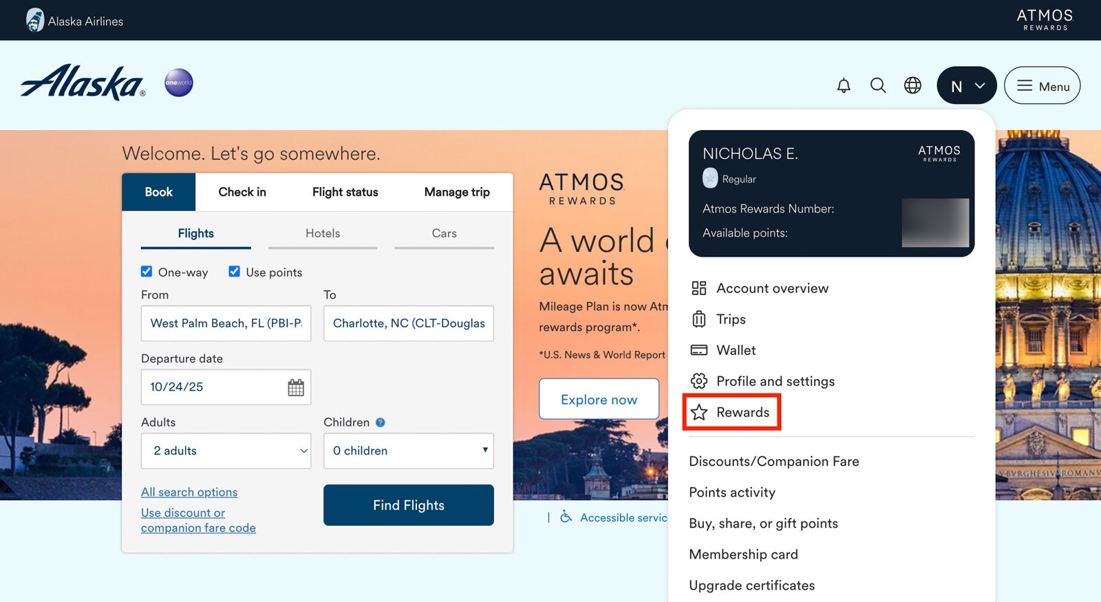 A screen shot of the Alaska Airlines homepage showing the rewards section to start sharing points