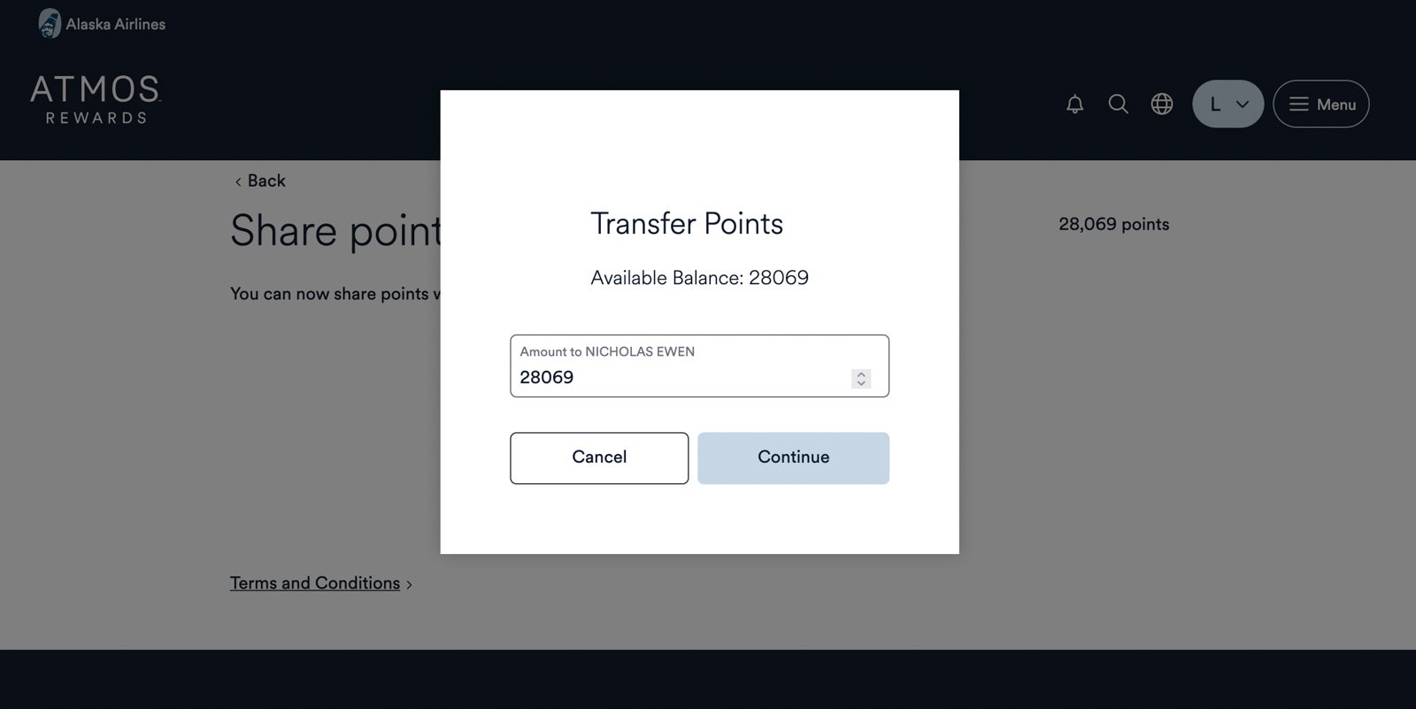 A screen shot to transfer Alaska points to another member