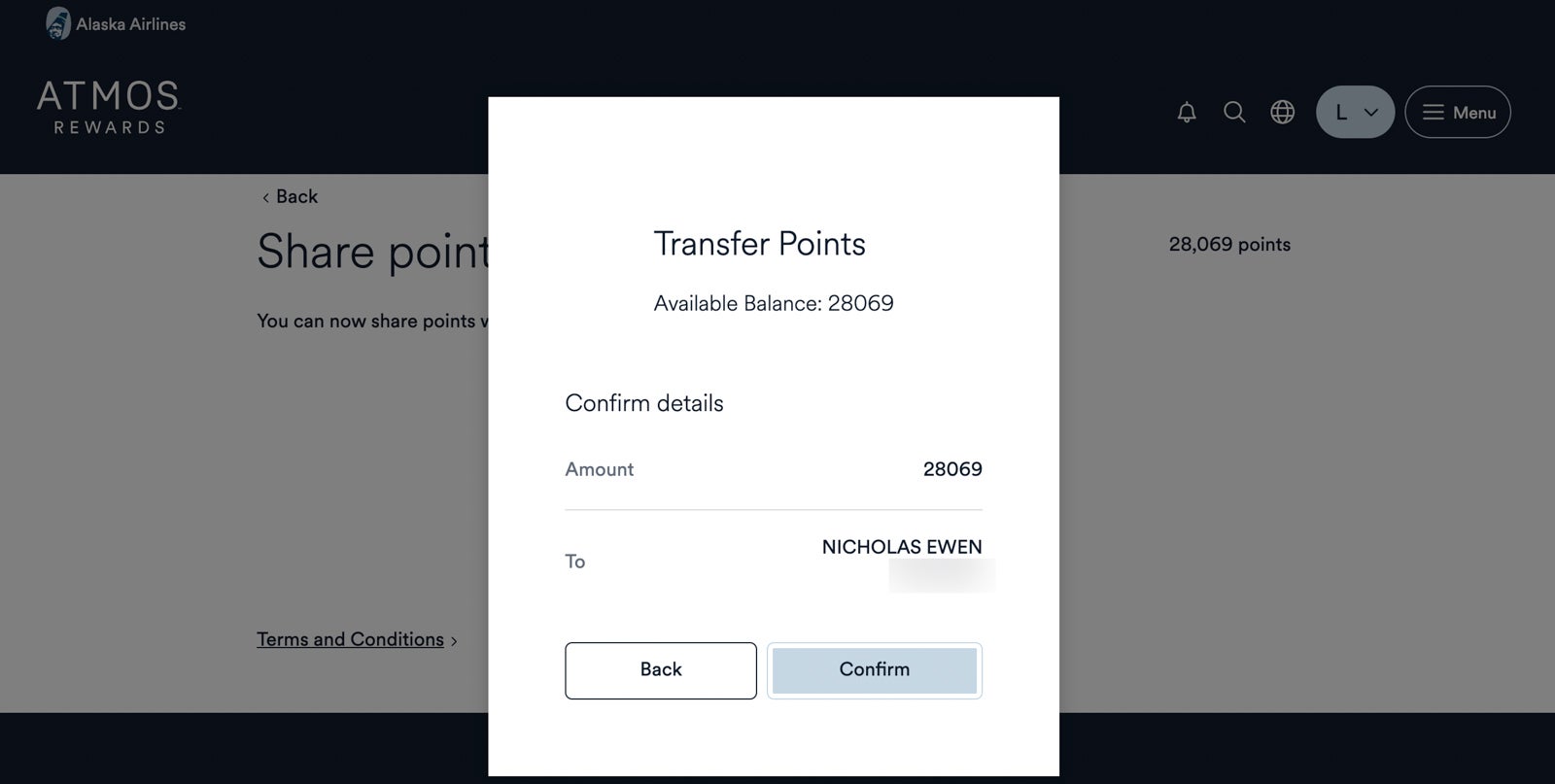A screen shot confirming an Alaska points transfer
