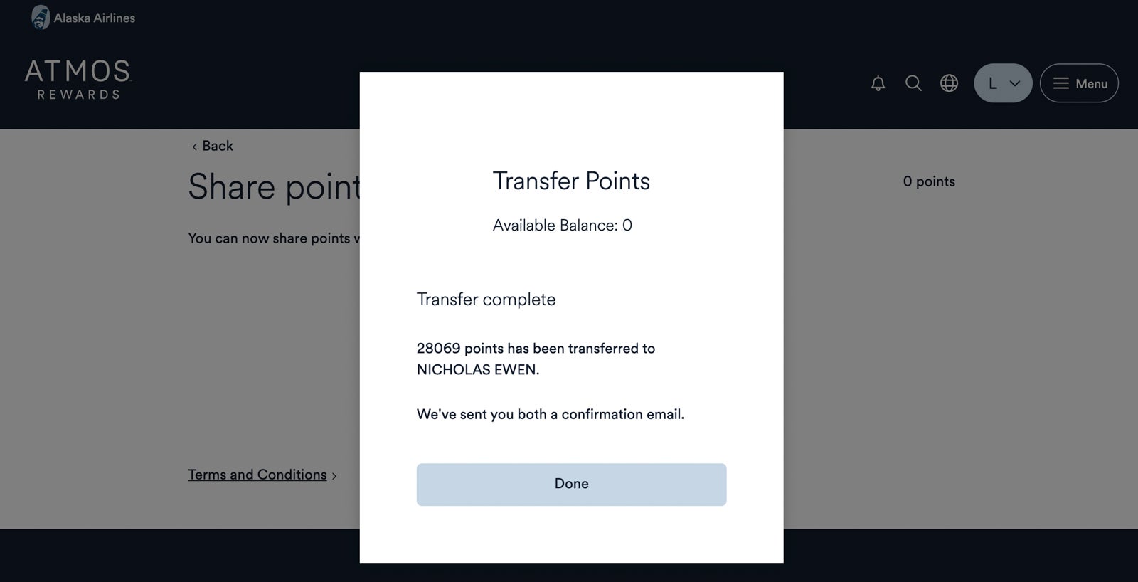 A screen shot showing a completed Alaska points transfer