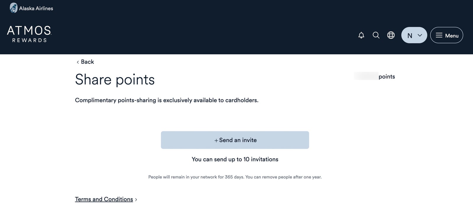 A screen shot of the landing page to share points with Alaska Atmos Rewards