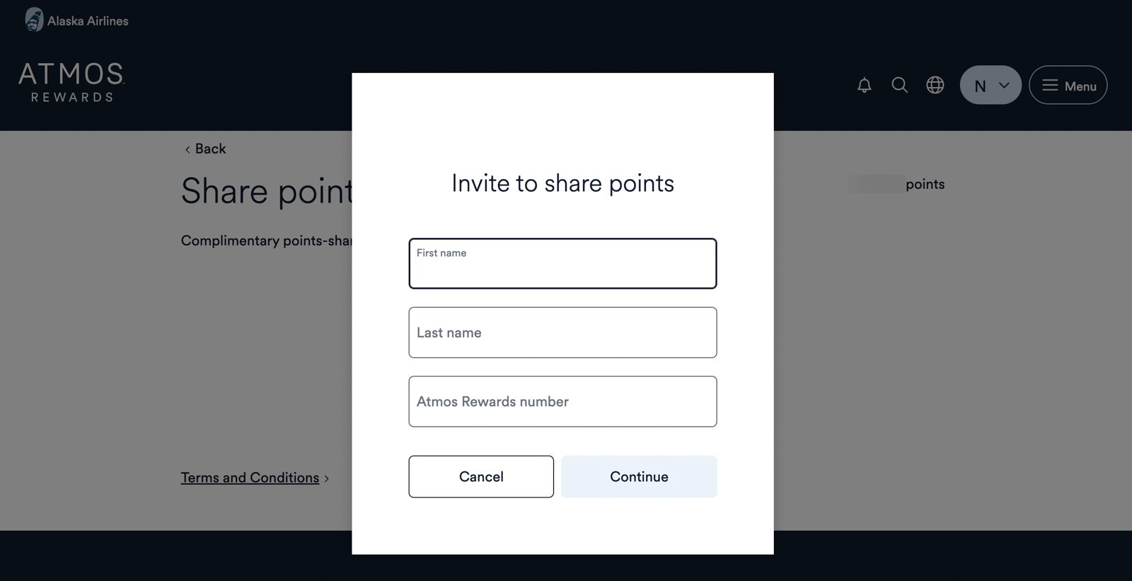 A screen shot of an invite to share points with Atmos Rewards