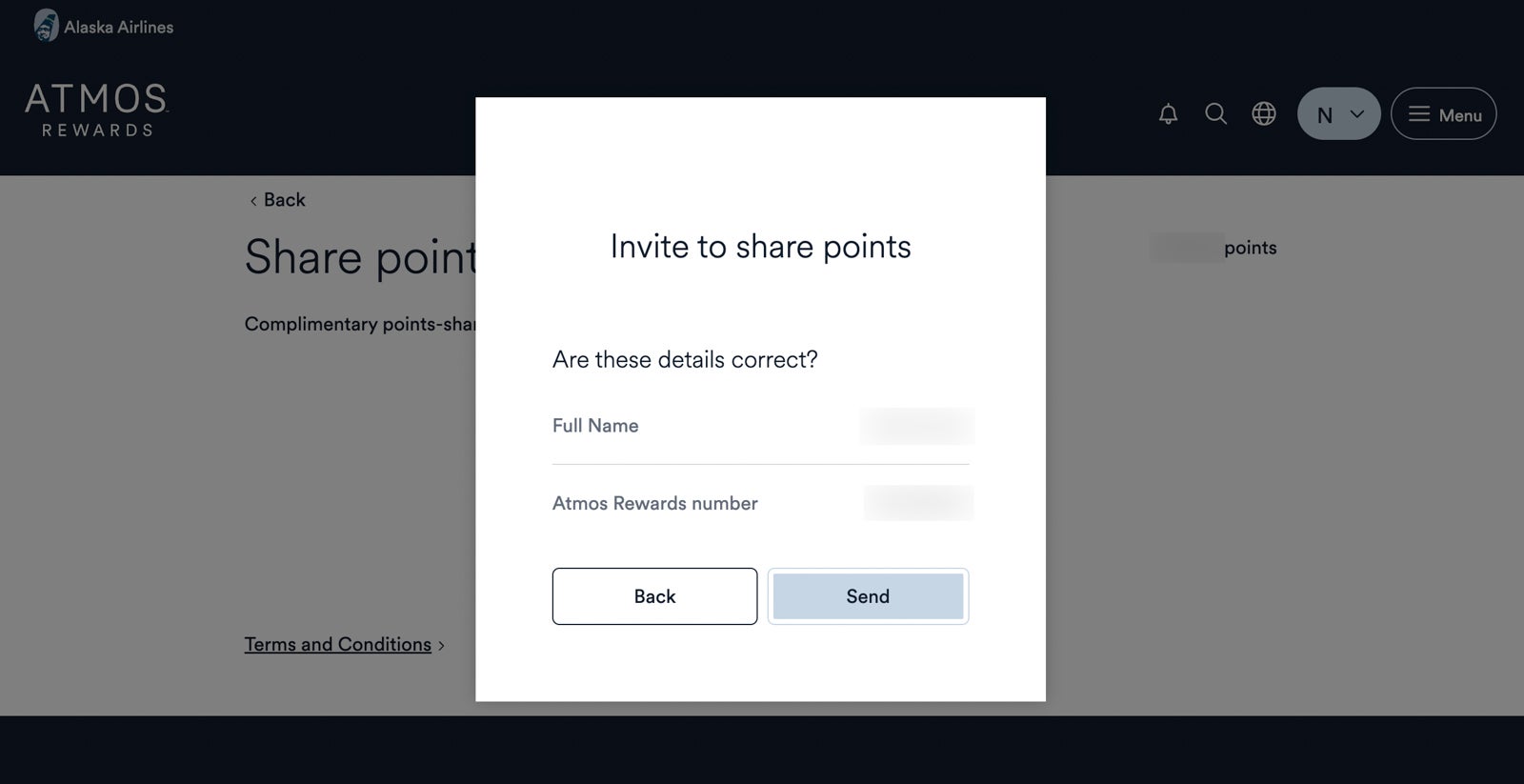 A screen shot of the review page to add someone to an Atmos Rewards network