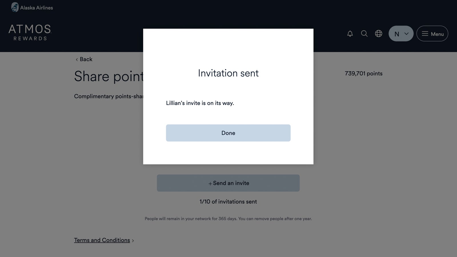 A screen shot confirming an invitation was sent to join an Atmos Rewards network