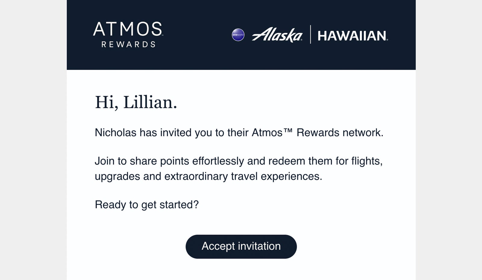 A screen shot of an email with an invitation to join an Alaska Atmos Rewards network