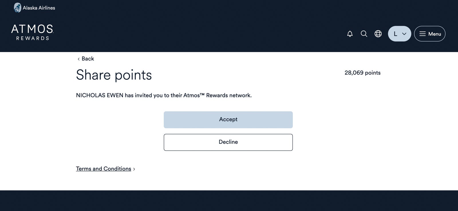 A screen shot of where you can accept an invitation to join an Atmos Rewards network