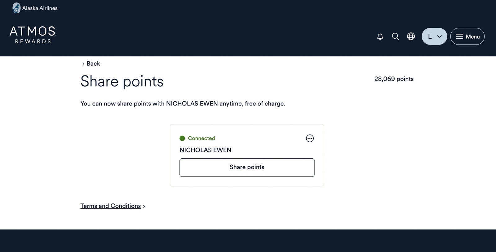 A screen shot of where you can share points with Alaska Atmos Rewards