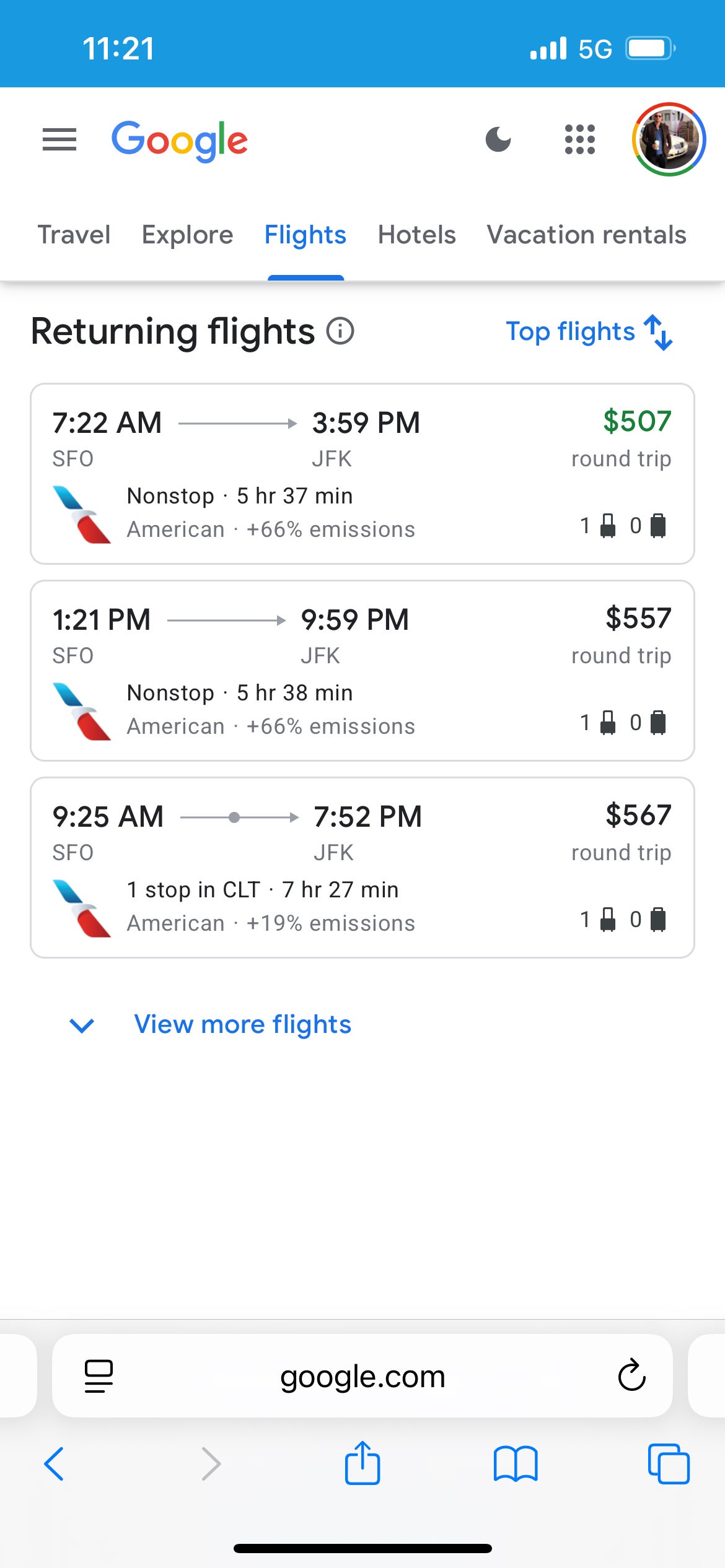 google flights screen