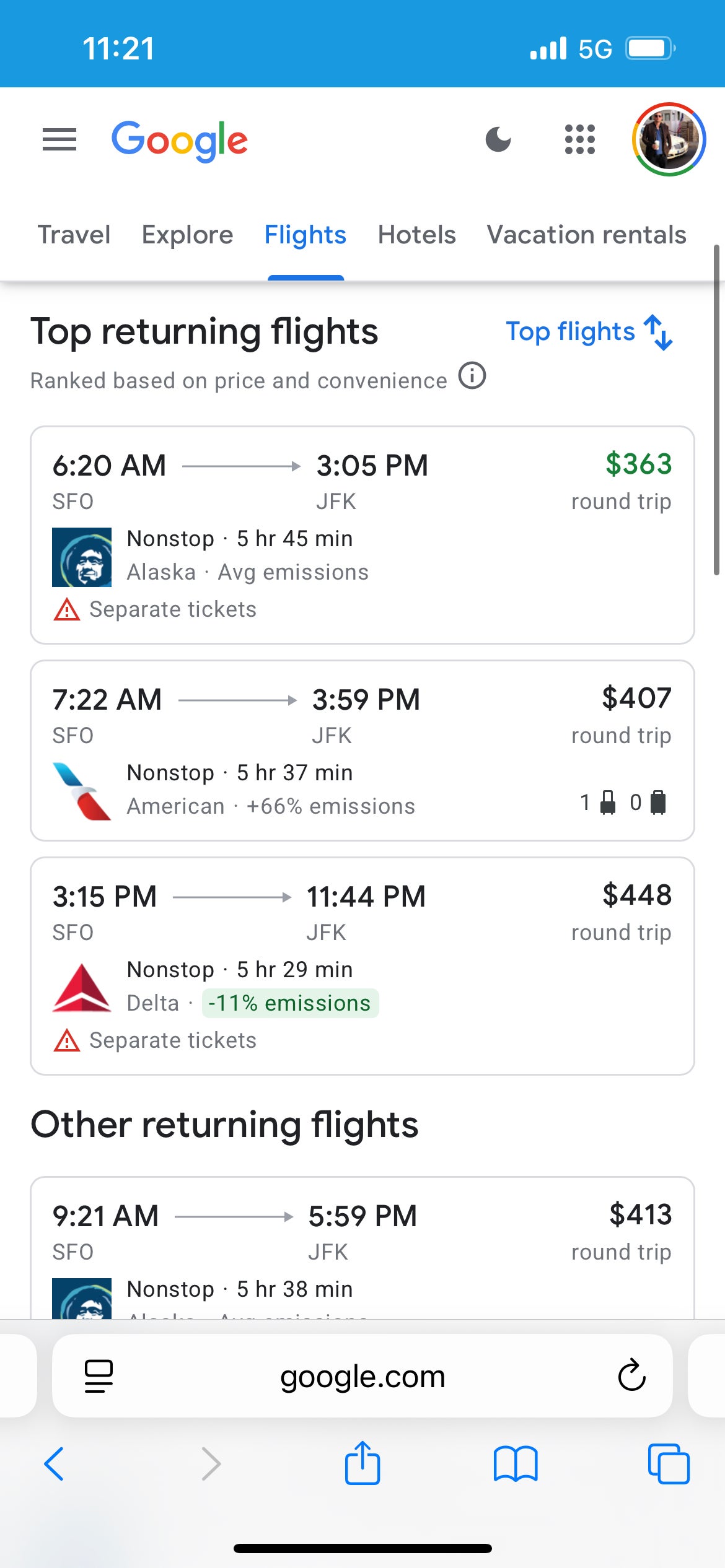 google flights screen